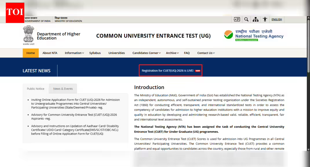 CUET UG 2026 registration starts at cuet.nta.nic.in: Direct link to apply and other details here