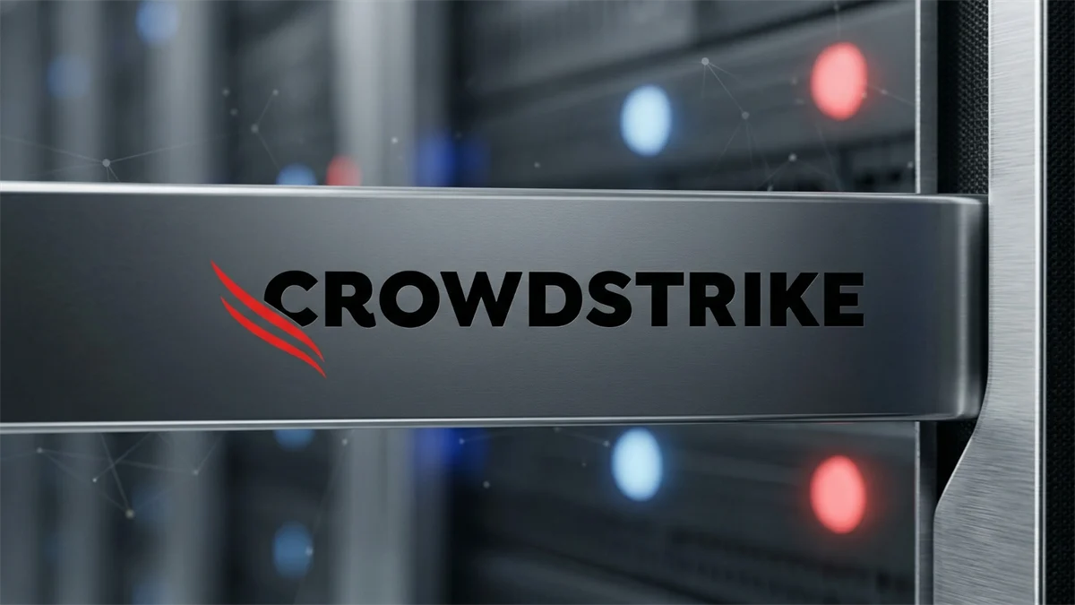 CrowdStrike logo on server hardware, symbolizing cybersecurity consolidation and enterprise protection growth.