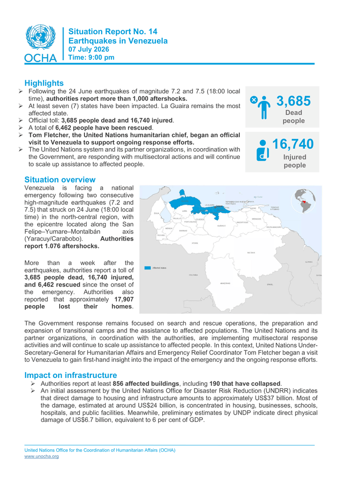 Earthquake in Venezuela: Situation Report #14 (07 July 2026, Time: 09:00 AM) - Venezuela (Bolivarian Republic)